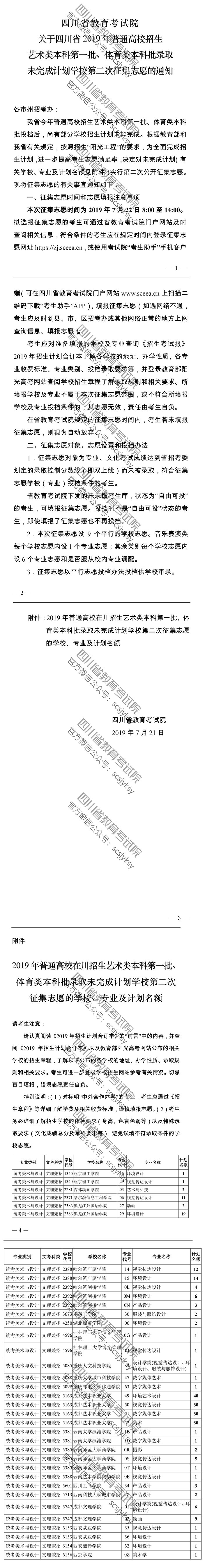 關(guān)于四川省2019年普通高校招生藝術(shù)類(lèi)本科第一批、體育類(lèi)本科批錄取未完成計(jì)劃學(xué)校第二次征集志愿的通知